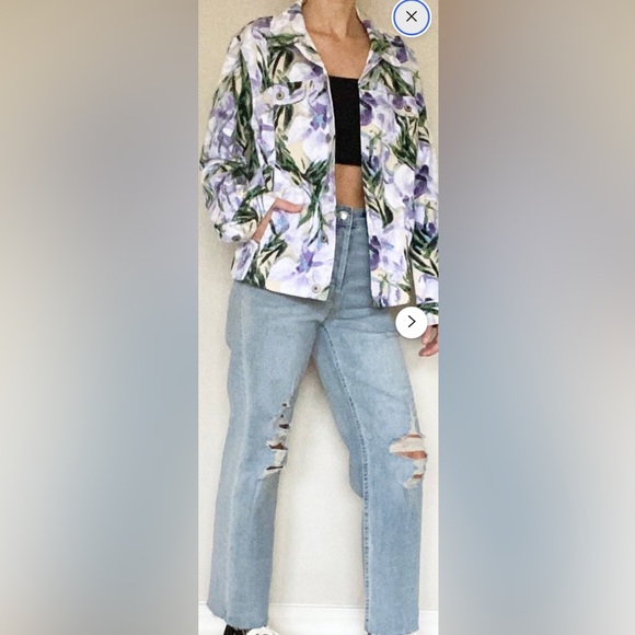 JM COLLECTION Women's Purple Green Floral Denim Jacket Pockets Long Slee… - Picture 3 of 9
